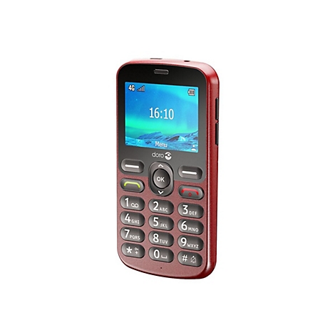Rotes Handy mit Tasten, Display zeigt Uhrzeit 16:10 an, Marke doro. Auf dem Display ist auch das Menü zu sehen.