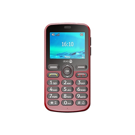 Ein rotes Mobiltelefon, zeigt Uhrzeit und Menüfunktionen. Tastenfeld mit Ziffern und Funktionssymbolen.