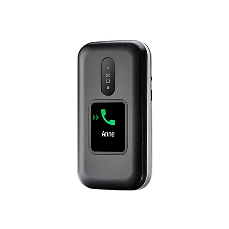 Ein schwarzes Mobiltelefon, auf dessen Bildschirm "Anne" und ein grünes Telefonhörersymbol angezeigt werden.