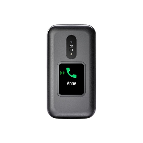 Graues Klapphandy mit Anruf-Interface, das den Namen „Anne“ anzeigt.