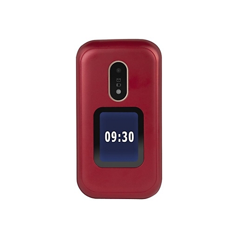 Ein offenes rotes Klapphandy, auf dem Bildschirm steht 09:30.
