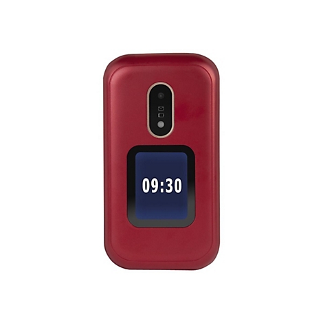 Rotes Klapphandy mit Uhrzeit 09:30 auf dem Display, Kamera und Benachrichtigungen.