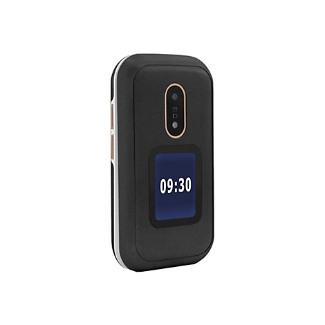 Schwarzes Klapphandy mit Uhrzeit 09:30 auf dem Display. Goldfarbene Akzente und weißer Hintergrund.