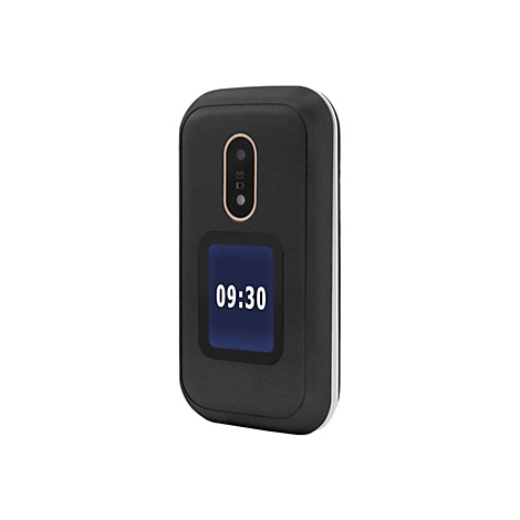 Schwarzes Klapphandy mit Uhrzeit 09:30 auf dem Display. Oben: Kamera und Indikatoren. Weißer Hintergrund.