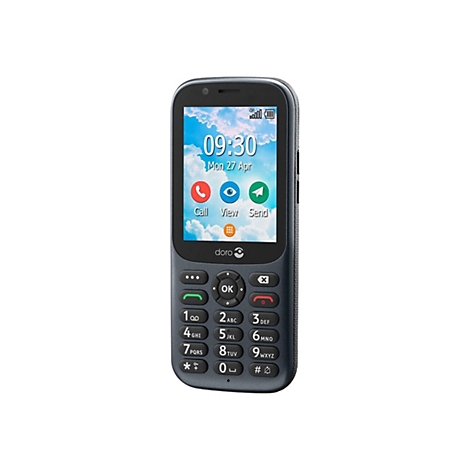 Dunkelgraues Mobiltelefon mit Tasten und Display. Auf dem Display sind Uhrzeit und Symbole zu sehen.