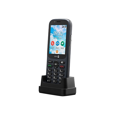 Dunkelblaues Handy mit Tasten, in Ladeschale. Auf Display: Uhrzeit, Datum, Icons.