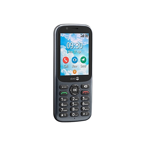 Dunkelgraues Mobiltelefon, auf dem Display Uhrzeit und Datum sowie die Icons fÃ¼r Anruf, Ansicht und Senden angezeigt werden.