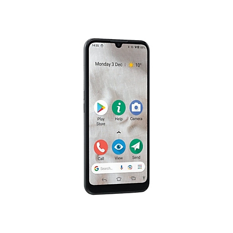 Schwarzes Smartphone mit Uhrzeit, Datum und Apps auf dem Bildschirm. Google Suche-Leiste am unteren Rand.