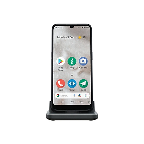 Smartphone auf Ladestation, Display zeigt Apps und Uhrzeit. Auf dem Display: Apps, Datum, Uhrzeit.