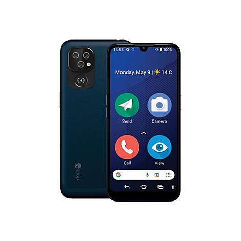 Dunkelblaues Smartphone mit Apps, Uhrzeit und Datum auf dem Bildschirm. Rückseite mit Kamera und Logo.