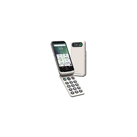 Klapphandy in Creme; offener Bildschirm zeigt Symbole, Rückseite mit Kamera.