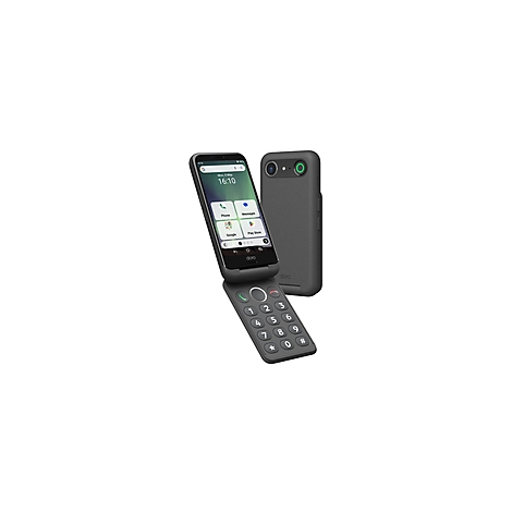 Klapphandy in Grau, geöffnet und geschlossen, mit sichtbaren Apps und Tasten.