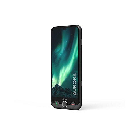 Schwarzes Doro Smartphone mit Polarlichter-Hintergrundbild und physischen Tasten unter dem Display.