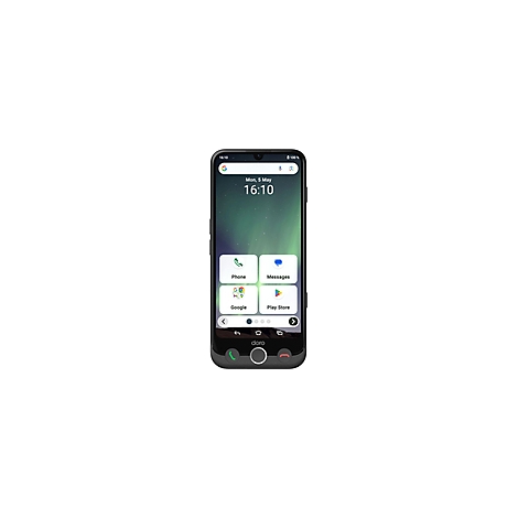 Smartphone-Display mit Uhrzeit und App-Symbolen. Unten Logo und Telefon-Buttons.
