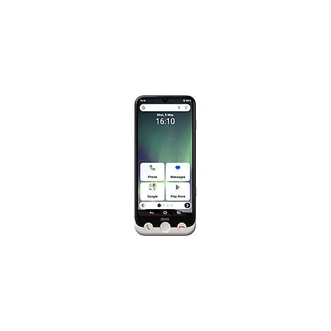 Smartphone, Startbildschirm mit Uhrzeit und App-Icons, darunter Telefon und Google Play Store.