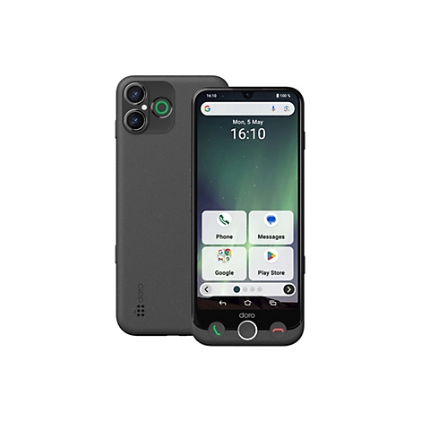 Doro Smartphone mit grauer Rückseite und Touchscreen mit großen Symbolen vor weißem Hintergrund.
