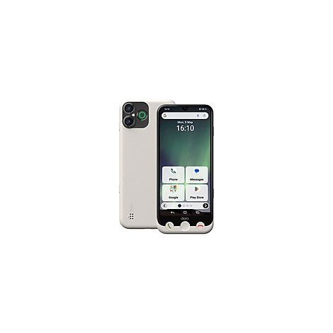 Weißes Smartphone mit großem Bildschirm. Auf dem Display: App-Icons, Uhrzeit. Rückseite: Kamera, Logo.