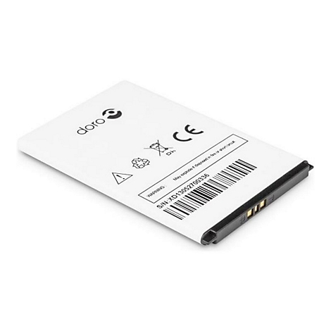 Batterie de téléphone portable, blanche avec bordure noire et impressions : 'doro', marquage CE, avertissement et code-barres.