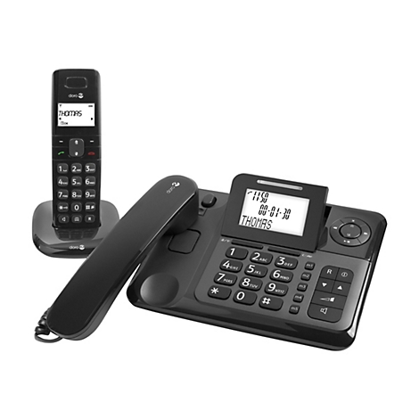 Schwarzes Festnetztelefon mit Mobilteil. Beide haben ein Display mit Text. Auf dem Display steht Thomas.