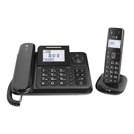 Schwarzes Festnetztelefon mit Mobilteil und Basisstation, mit Display. Auf dem Display stehen Datum und Name.
