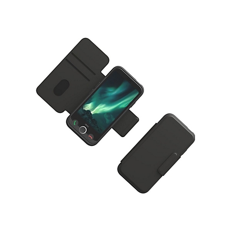 Schwarzes Smartphone mit Hülle, das Display zeigt Nordlichter. Auf dem Bildschirm sind die Buttons für Anrufannahme/ablehnung.