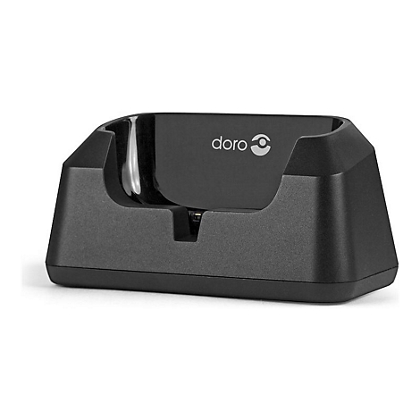 Schwarze Doro Ladestation auf weißem Hintergrund mit Doro-Logo.