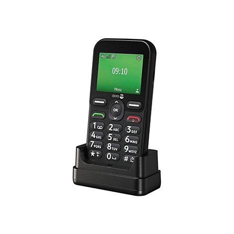 Schwarzes Doro-Handy mit grünen Display, in einer Ladestation. Auf dem Display: Uhrzeit, Menü, und Logo. Große Tasten und Notrufknopf.