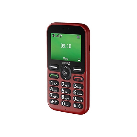 Rotes Doro-Handy mit Zifferntasten und Display mit Uhrzeit.