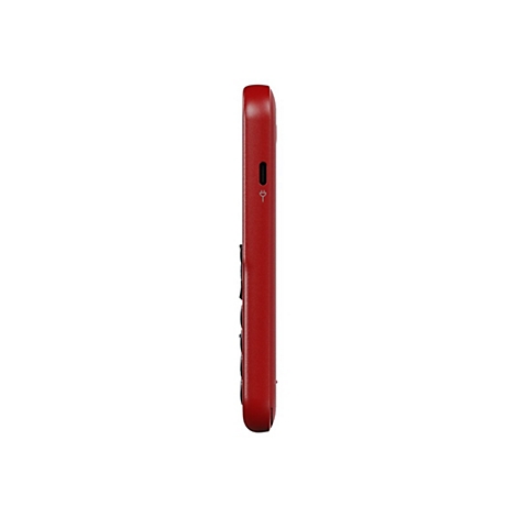 Seitenansicht eines roten Mobiltelefons mit USB-C-Ladeanschluss.