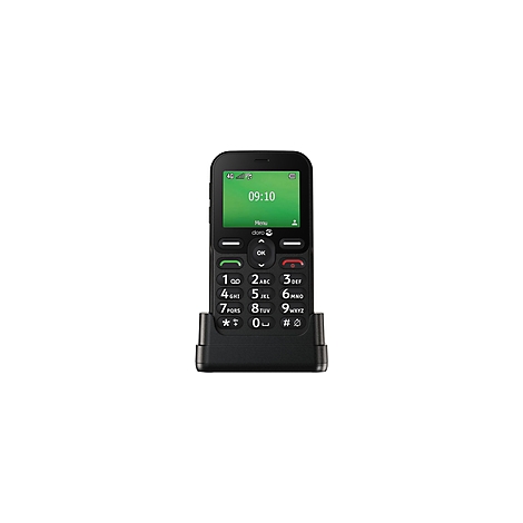 Téléphone Doro noir avec écran vert. Heure 09:10. Chiffres et lettres sur le clavier.