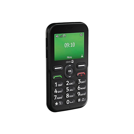Téléphone Doro noir, affichant 09:10 sur l'écran, menu et boutons verts.