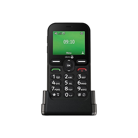 Téléphone Doro noir dans station de charge. Écran vert : heure 09:10, menu, logo Doro, clavier.
