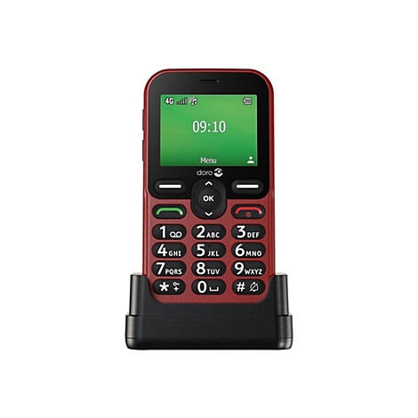 Un téléphone portable rouge dans un socle de chargement. L'écran affiche l'heure et les options de menu. Le clavier comporte de grands chiffres.
