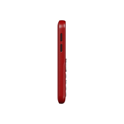 Vue latérale d'un téléphone portable rouge avec des boutons. Le fond est blanc.