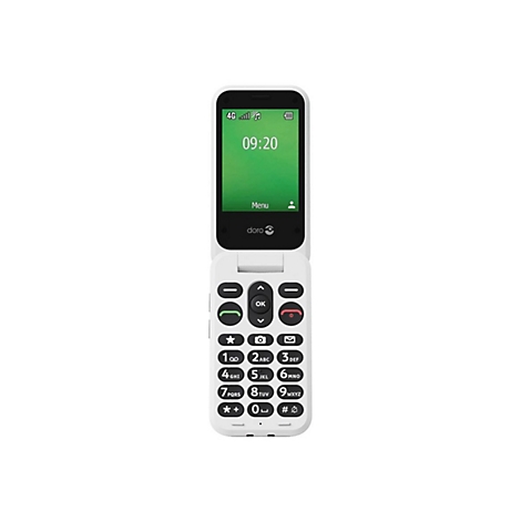 Weißes Klapphandy der Marke Doro mit beleuchtetem Display und gut lesbarer Tastatur vor weißem Hintergrund.