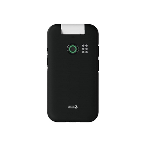 Rückseite eines schwarzen Doro Mobiltelefons mit Notruftaste und Lautsprecher auf weißem Hintergrund.