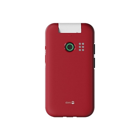 Un téléphone portable rouge avec le dessus blanc. Au dos, un bouton vert, de petits trous en dessous, et la marque 'doro'.