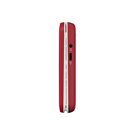Vue latérale d'un téléphone portable rouge. Une prise casque, un interrupteur et un port de chargement sont visibles.