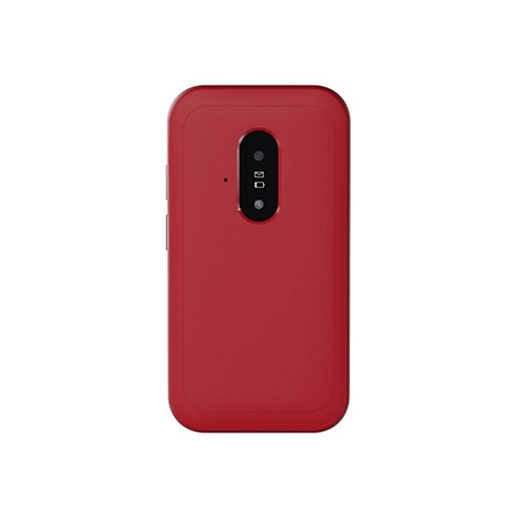 Smartphone rouge avec deux caméras et un flash sur fond blanc.