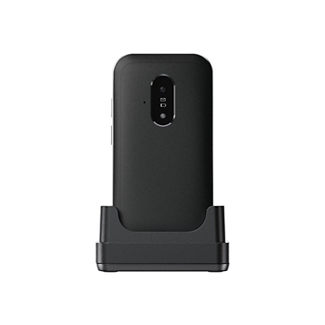 Lecteur mobile noir dans son socle de chargement. Deux capteurs sont visibles à l'arrière.