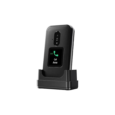 Téléphone fixe noir avec station de charge. L'écran affiche "Appeler Anne".