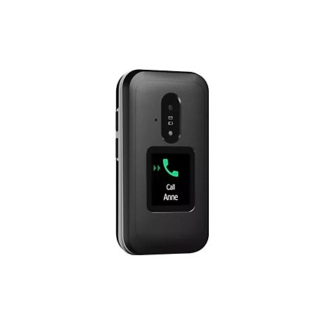 Un téléphone à clapet noir avec un écran. Sur l'écran : "Call Anne".