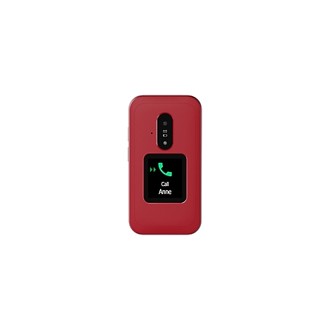 Un téléphone à clapet rouge avec un écran. Sur l'écran : appel Anne.