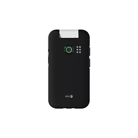 Téléphone noir avec cercles verts et six points. Un rabat blanc au-dessus, un lettrage en bas.