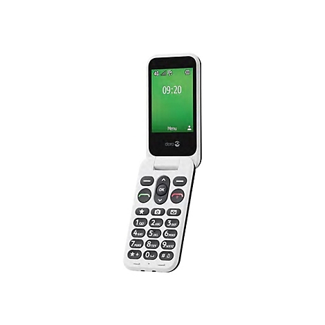 Un téléphone à clapet blanc, ouvert, avec écran vert. Heure 09h20. En dessous de l'écran se trouvent des boutons, dont des chiffres et des symboles.