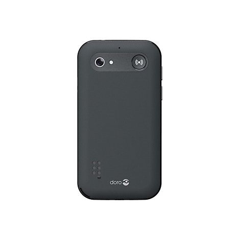 Dunkelgraues Doro-Mobiltelefon, das im Detail abgebildet ist. Auf der Oberseite befinden sich eine Kamera und ein Symbol für Konnektivität.