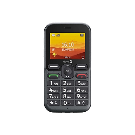 Téléphone Doro noir avec clavier, heure et date. Il affiche 16h10 et le 15 septembre 2024.