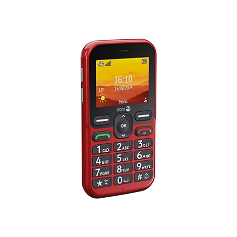 Rotes Mobiltelefon mit Tasten und Display, Uhrzeit 16:10, Datum 15.09.2024. Marke: Doro.