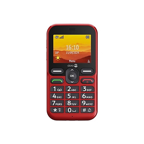 Rotes Handy mit Display, Tastatur. Uhrzeit 16:10, Datum 15.09.2024. Obere Reihe: Empfangsbalken, Akku.