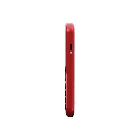 Rotes Handy von der Seite, mit Knöpfen und Ladeanschluss.